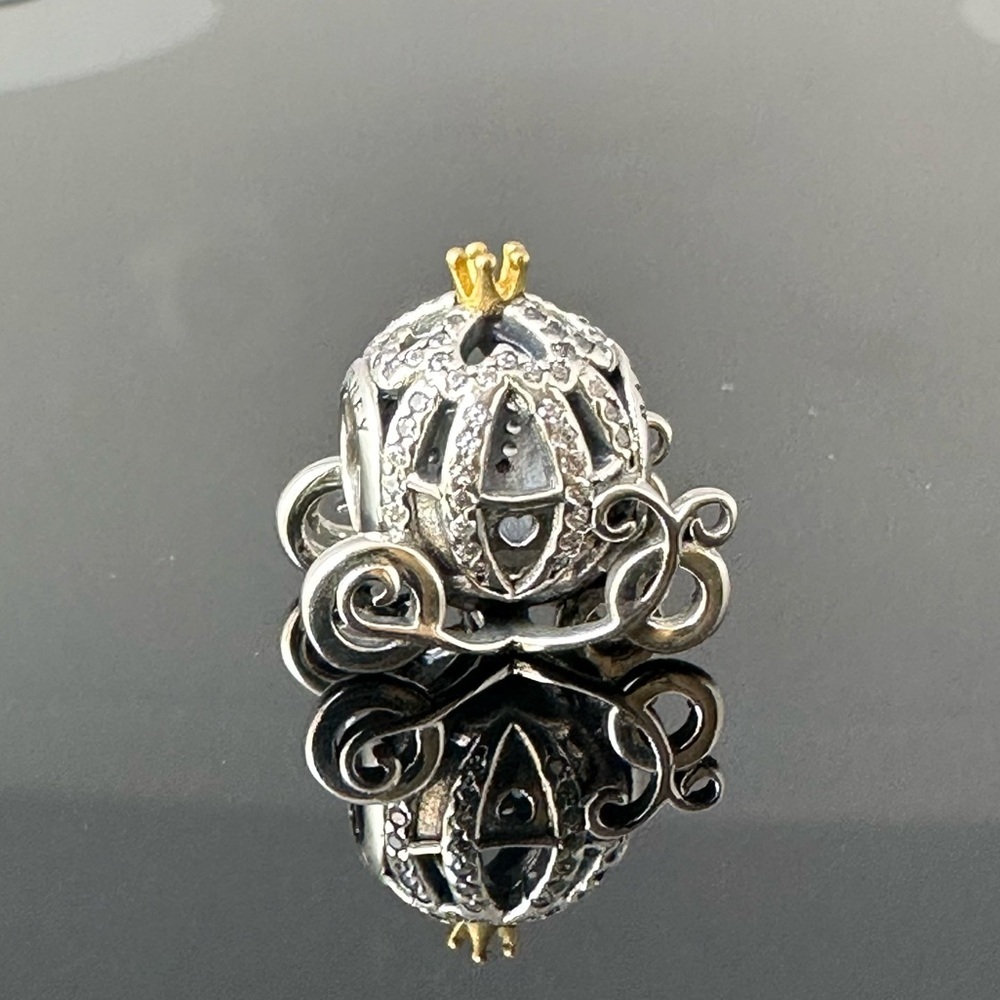 Pandora Silver Carriage Charm with Gold Crown Accent